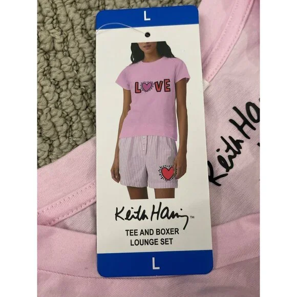 Keith Haring Pink Love Tee & Boxer Lounge Pajama Set Large NWT - Picture 5 of 8
